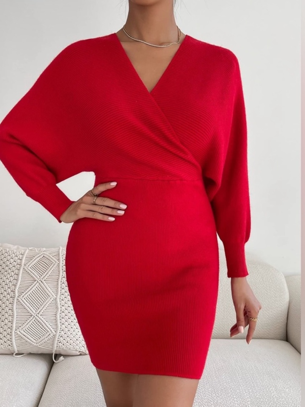 Selfie Leslie Red Feminine Fitted Mini Dress Ribbed Wrap Style Low Back Party